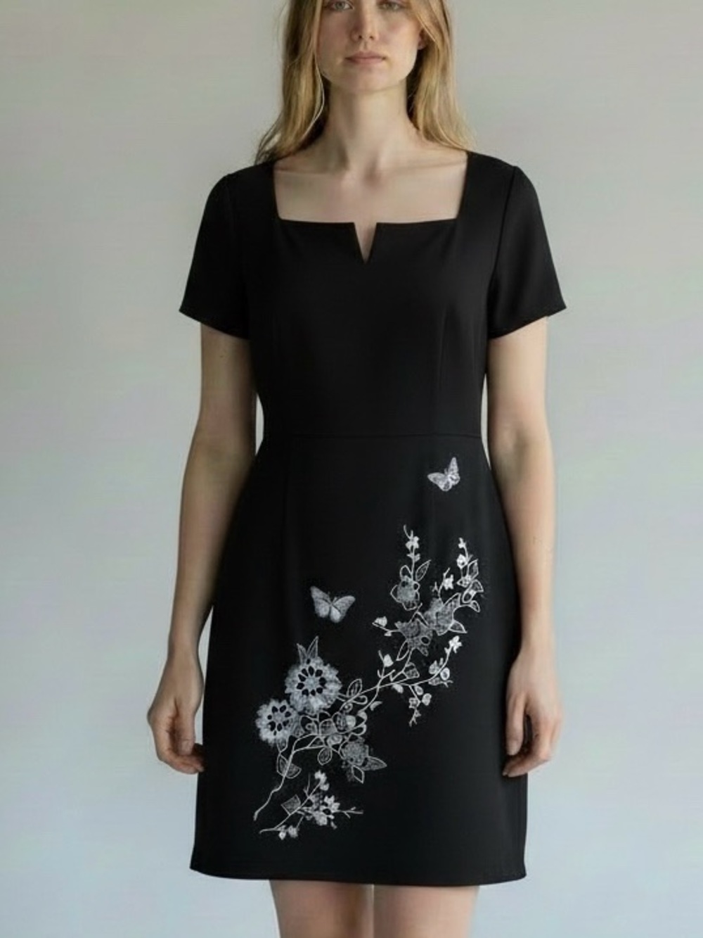 Vintage Studio Ease Black Dress Linen Blend Lined Embroidered Floral Size 6 - Picture 2 of 11